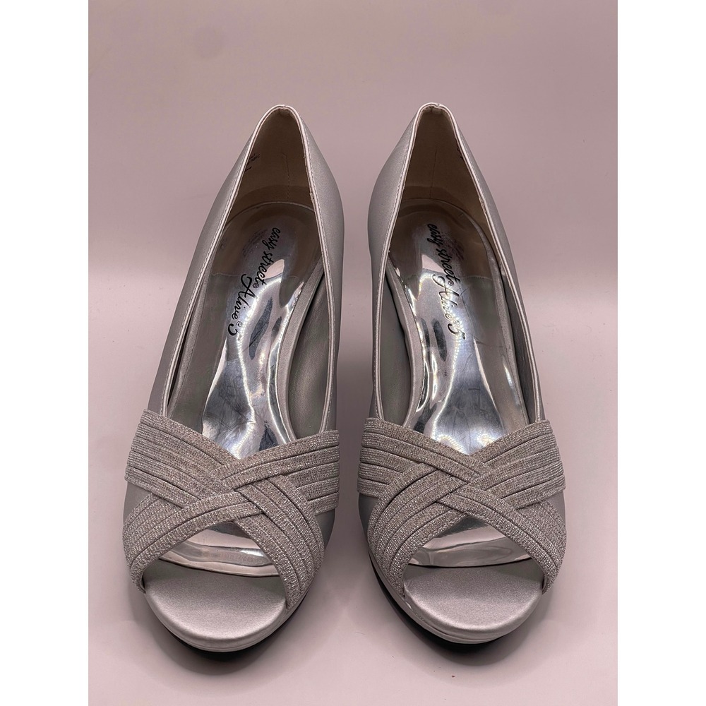 Easy Street Alive at 5 Lavish Silver Satin Glitter Peep Toe Pumps Heels Size 9 M